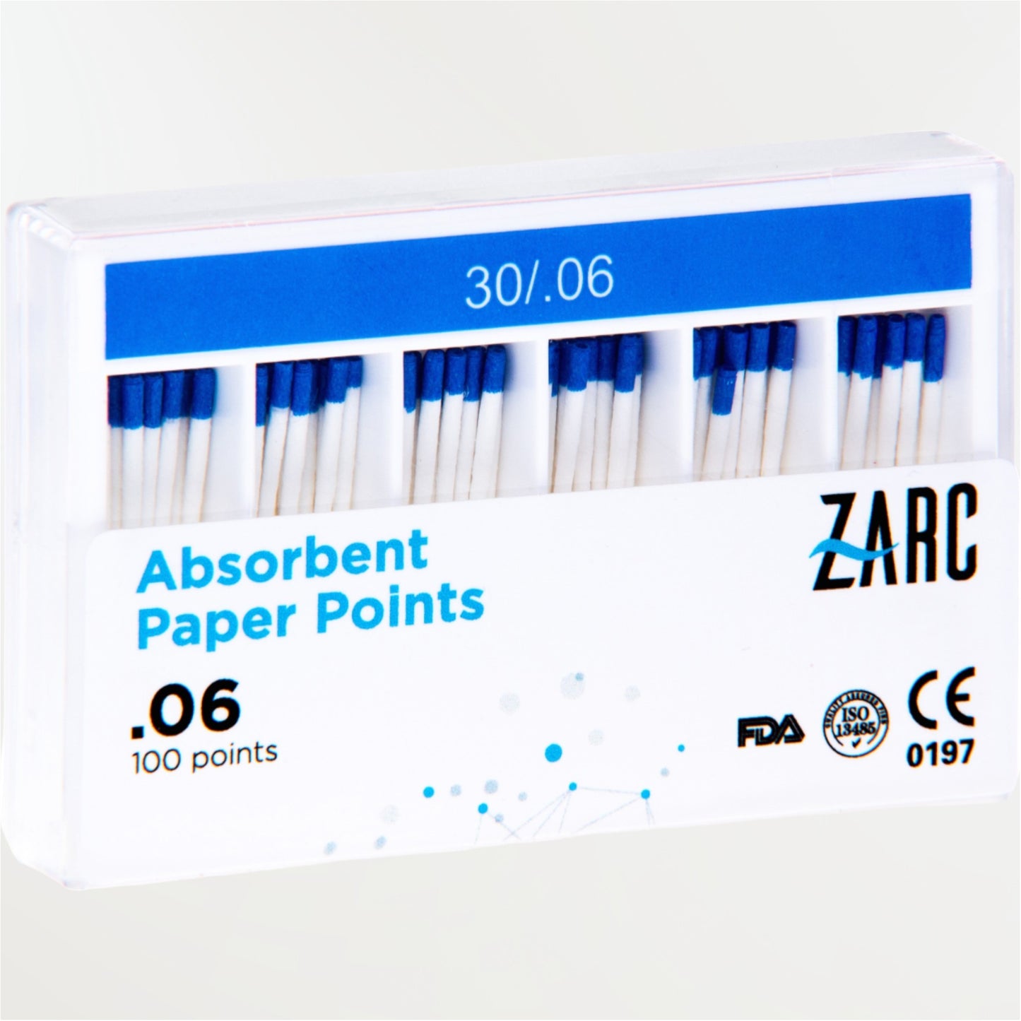 Pointes de papier standardisées ZARC non stériles – ISO 25/100 et 30/100, conicités 4% et 6%, boîte de 100