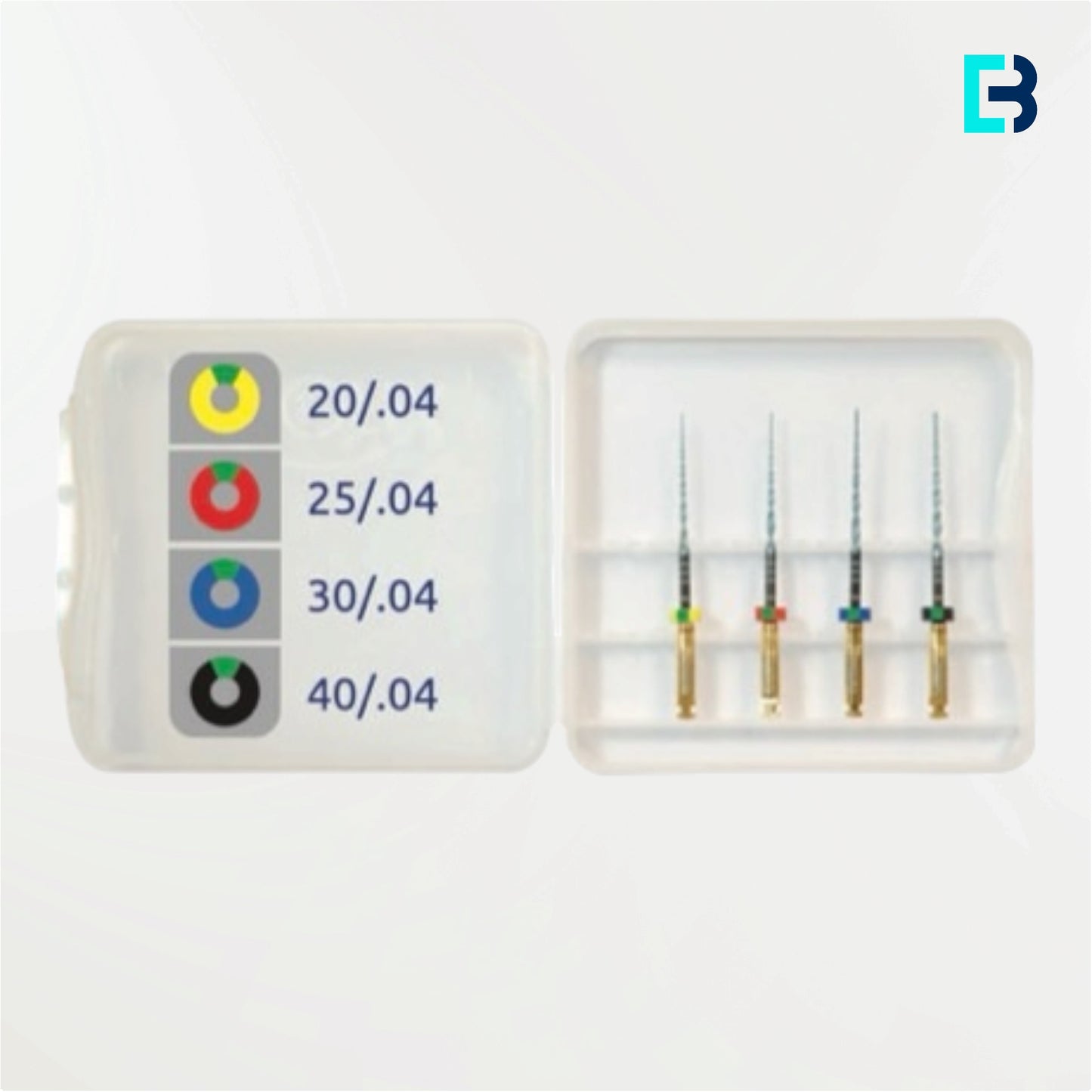 Plaquette de 4 limes endodontiques EDMax assortiment n°4 – Shapers 20/04, 25/04 et Finishers 30/04, 40/04, Neolix