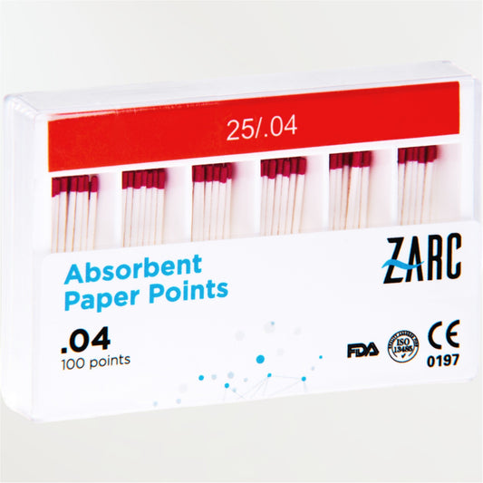 Pointes de papier standardisées ZARC non stériles – ISO 25/100 et 30/100, conicités 4% et 6%, boîte de 100