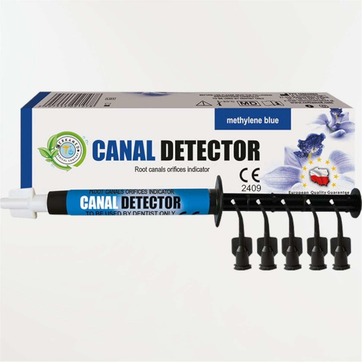 Bleu de méthylène Canal Detector pour le repérage des entrées canalaires et la mise en évidence des fêlures ou fractures radiculaires en endodontie.