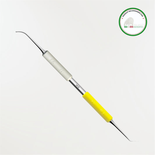 Spatule fine coudée et brunissoir en forme de boule Deppeler VA10+FG G/J pour l'application et l'adaptation des matériaux d'obturation à rétro en chirurgie endodontique.
