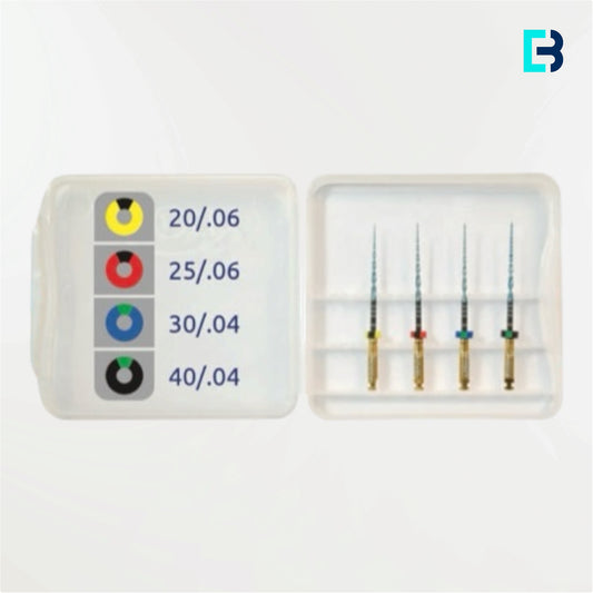 Plaquette de 4 limes endodontiques EDMax assortiment n°3 – Shapers 20/06, 25/06 et Finishers 30/04, 40/04, Neolix