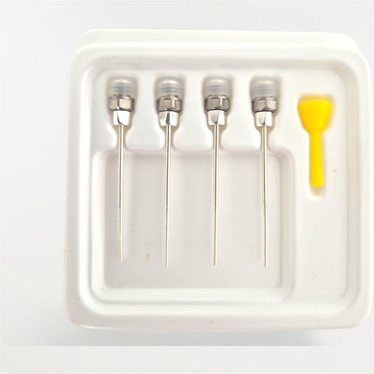 Embouts métalliques d’injection 23G et 25G pour appareil Fi-G Woodpecker avec manchon de protection en silicone.