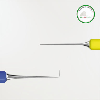 Sonde-fouloir endodontique Deppeler SIE1+FG J/B à double extrémité pour l'exploration et la compaction des matériaux en endodontie.
