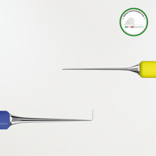 Sonde-fouloir endodontique Deppeler SIE1+FG J/B à double extrémité pour l'exploration et la compaction des matériaux en endodontie.