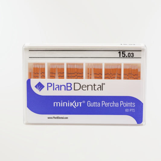 Cônes de gutta-percha MiniKut pour obturation canalaire après mise en forme, disponibles en plusieurs tailles, boîte de 60 cônes non stériles.