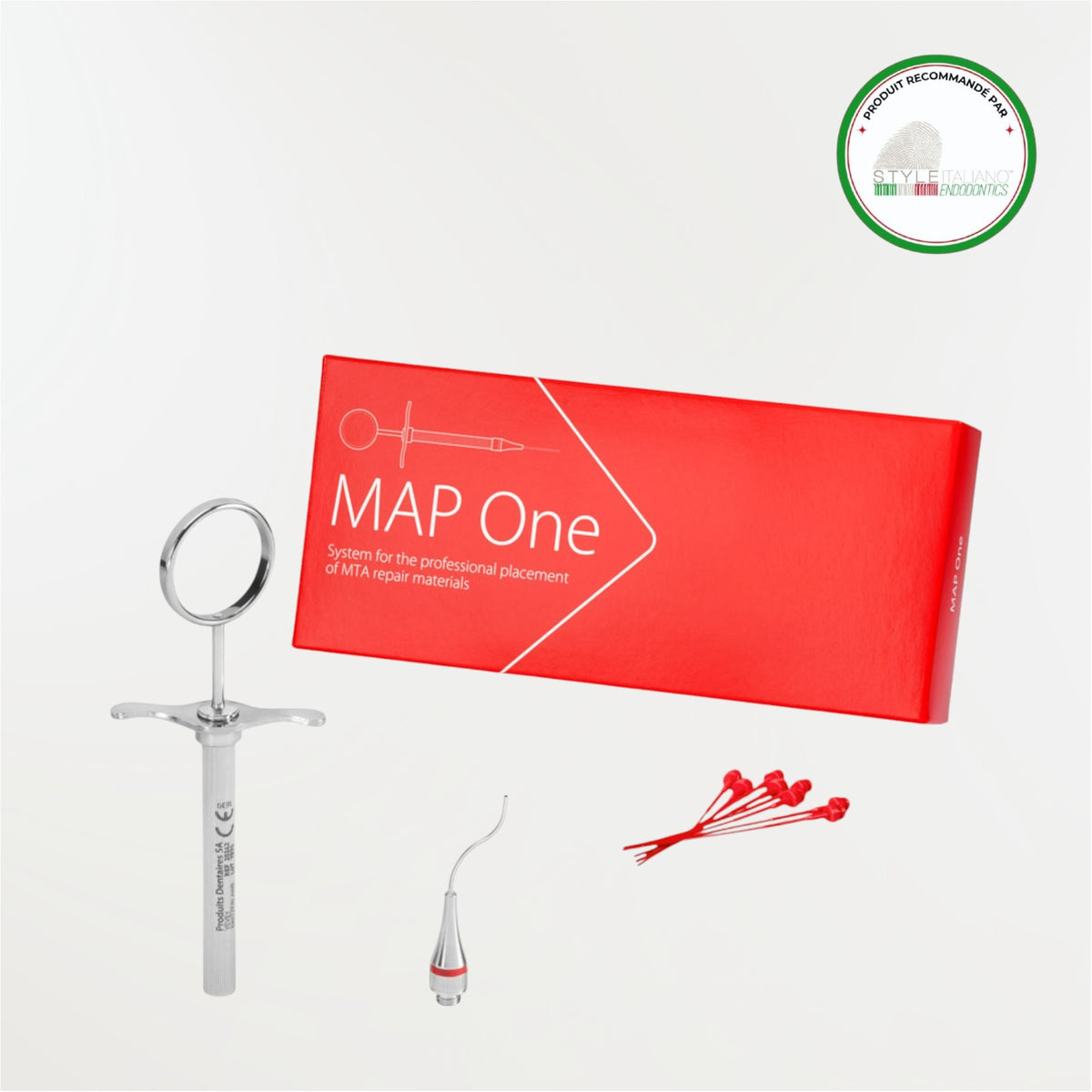 Kit MAP ONE avec seringue en acier inoxydable, embout Ni-Ti rouge et pistons pour placer le MTA et la biocéramique