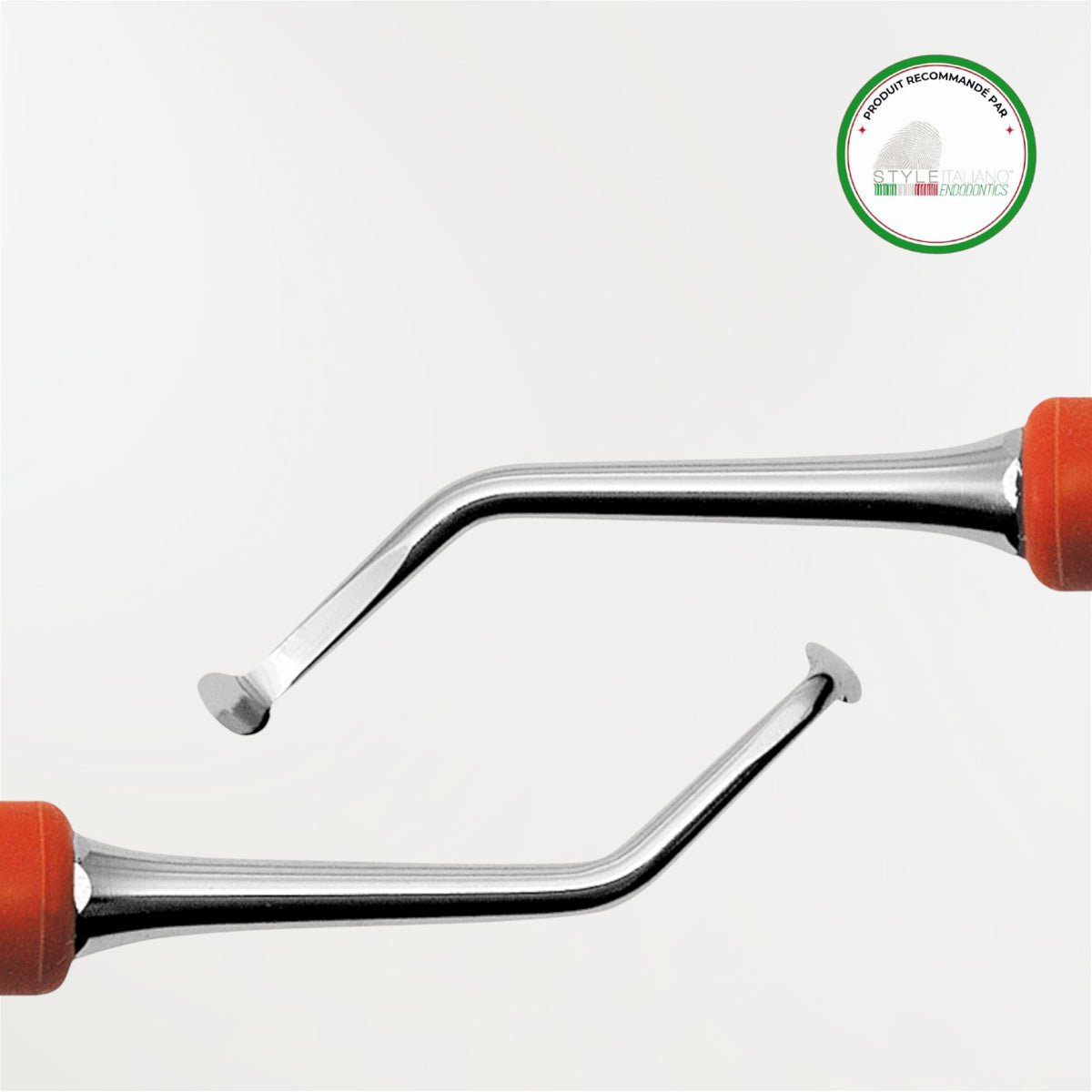 Micro-curette chirurgicale Deppeler VA21+FG R en acier inoxydable pour le curetage précis des lésions granulomateuses en chirurgie endodontique.