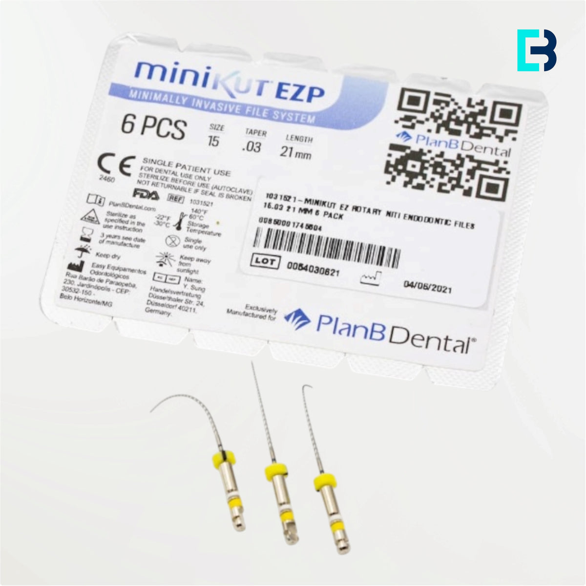 Limes rotatives MiniKut EZT en nickel-titane traité thermiquement pour la négociation canalaire, section carrée à quatre angles de coupe et blister de 6 instruments stériles