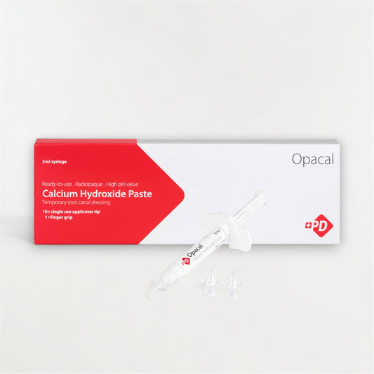 Gel d’hydroxyde de calcium OPACAL en seringue de 3 ml avec 10 embouts flexibles pour la médication intra-canalaire en endodontie