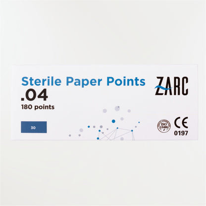 Pointes de papier stériles standardisées ZARC – 4 tailles 25/30 4%/6%, blisters individuels de 6, boîte 180