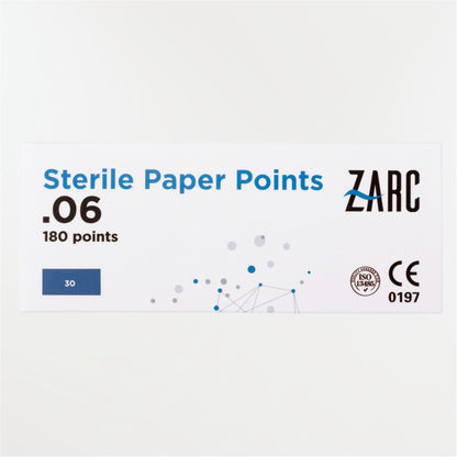 Pointes de papier stériles standardisées ZARC – 4 tailles 25/30 4%/6%, blisters individuels de 6, boîte 180