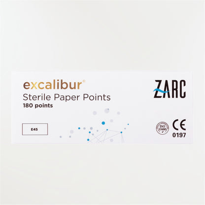 Pointes de papier stériles Excalibur ZARC – tailles E20 E25 E35 E45, blisters individuels de 6, boîte 180