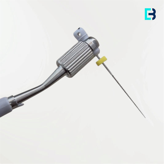 Porte-lime manuel coudé en aluminium avec tête de fixation et bague moletée pour limes endodontiques