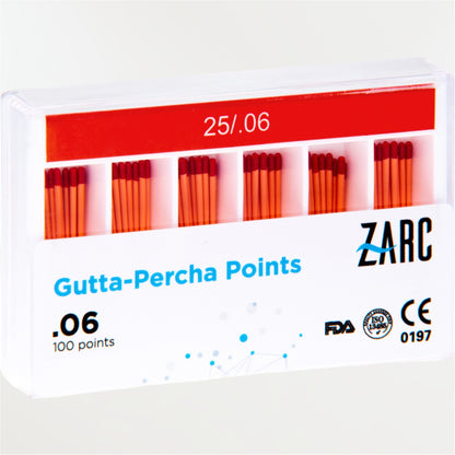 Cônes de gutta percha standardisés ZARC ISO – 25/100 et 30/100, conicité 4% et 6%, version Fine