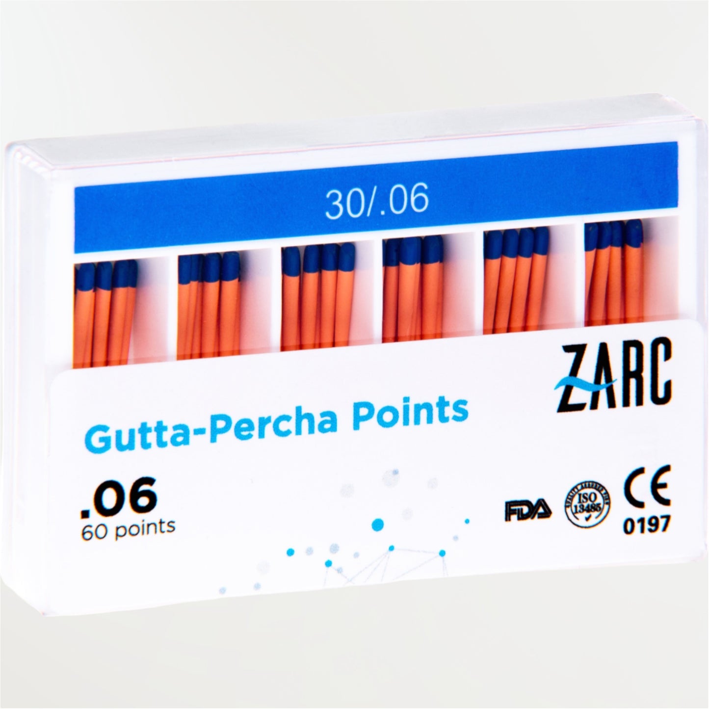 Cônes de gutta percha standardisés ZARC ISO – 25/100 et 30/100, conicité 4% et 6%, version Fine