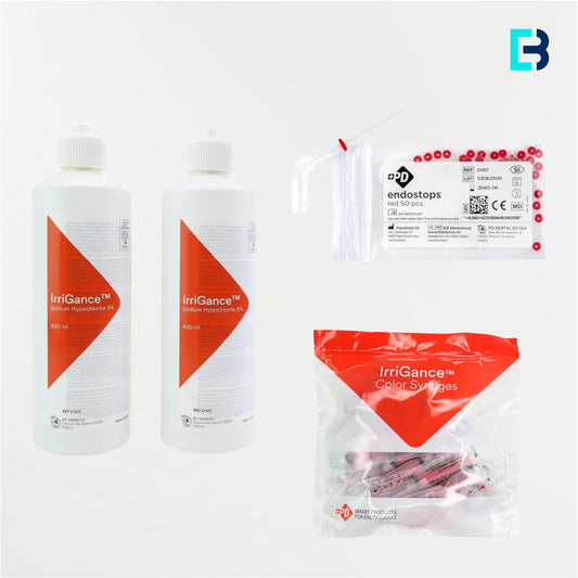Kit Désinfection PDSA : hypochlorite IrriGance 3 % et 6 %, seringues IrriGance rouges et Irriflex avec stoppers