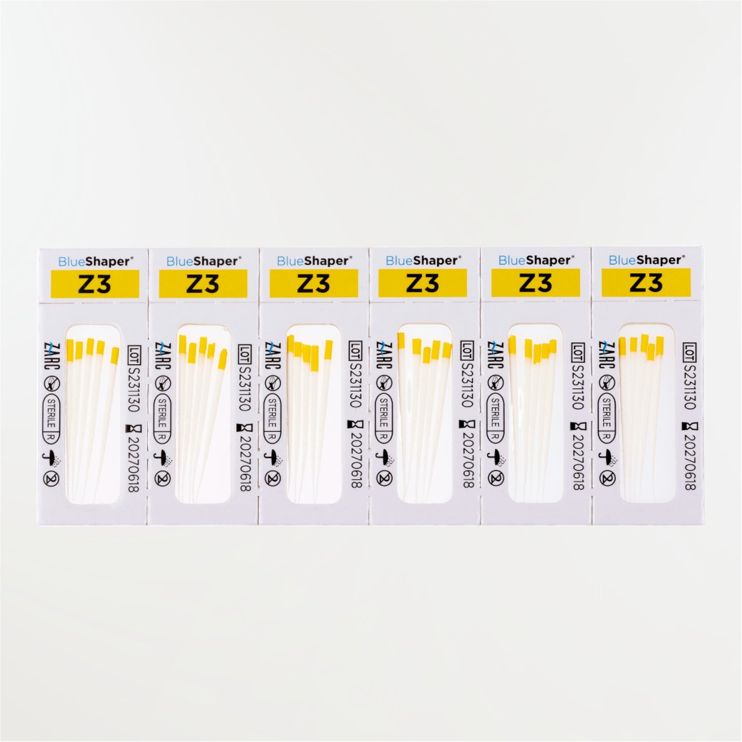 Pointes de papier stériles BlueShaper ZARC – tailles Z3 à Z7, blisters individuels de 6, boîte de 180