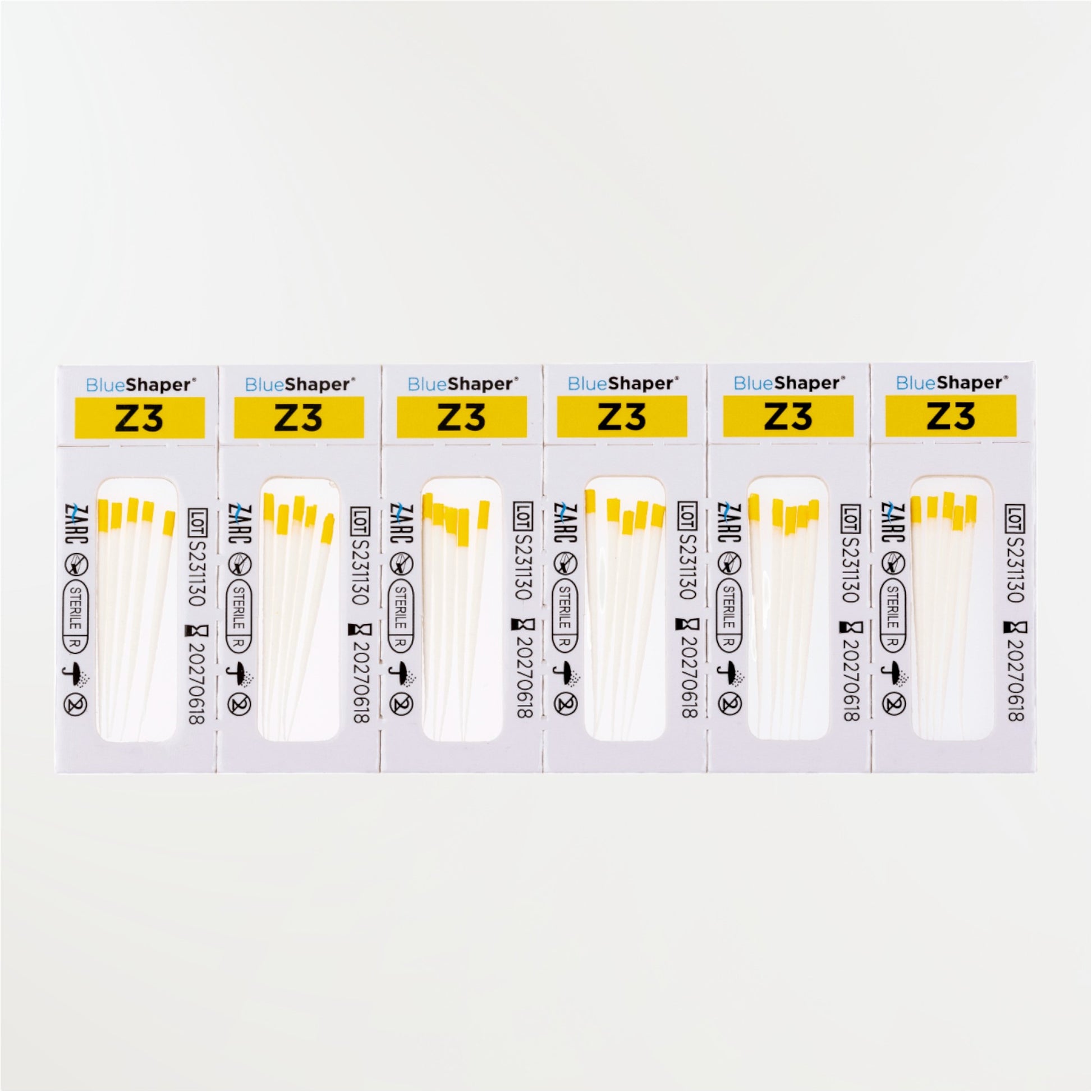 Pointes de papier stériles BlueShaper ZARC – tailles Z3 à Z7, blisters individuels de 6, boîte de 180