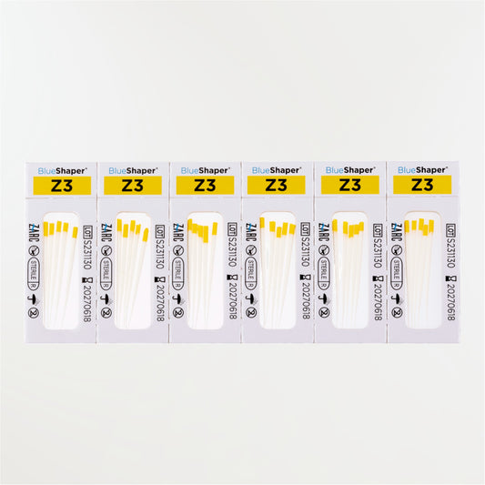 Pointes de papier stériles BlueShaper ZARC – tailles Z3 à Z7, blisters individuels de 6, boîte de 180