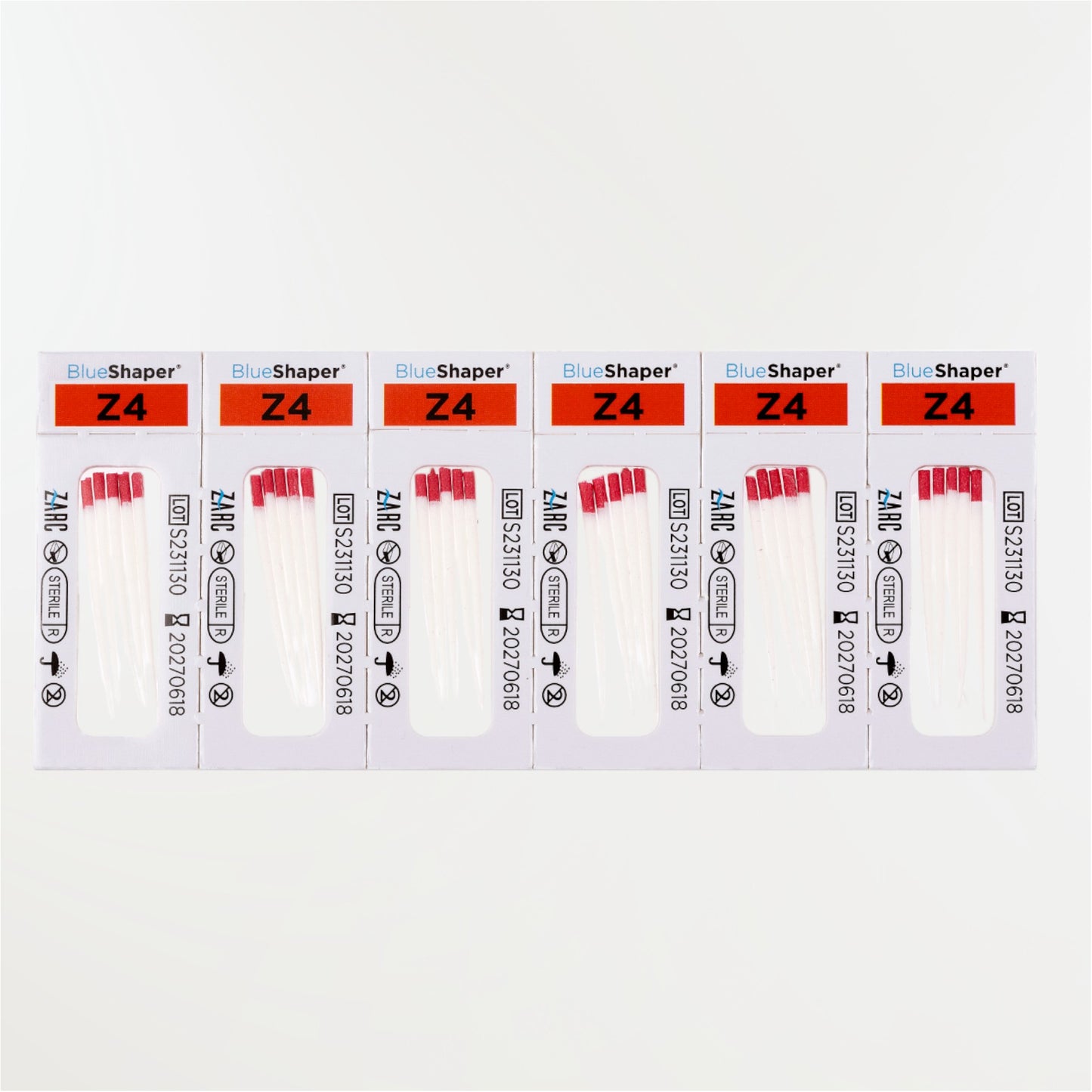Pointes de papier stériles BlueShaper ZARC – tailles Z3 à Z7, blisters individuels de 6, boîte de 180