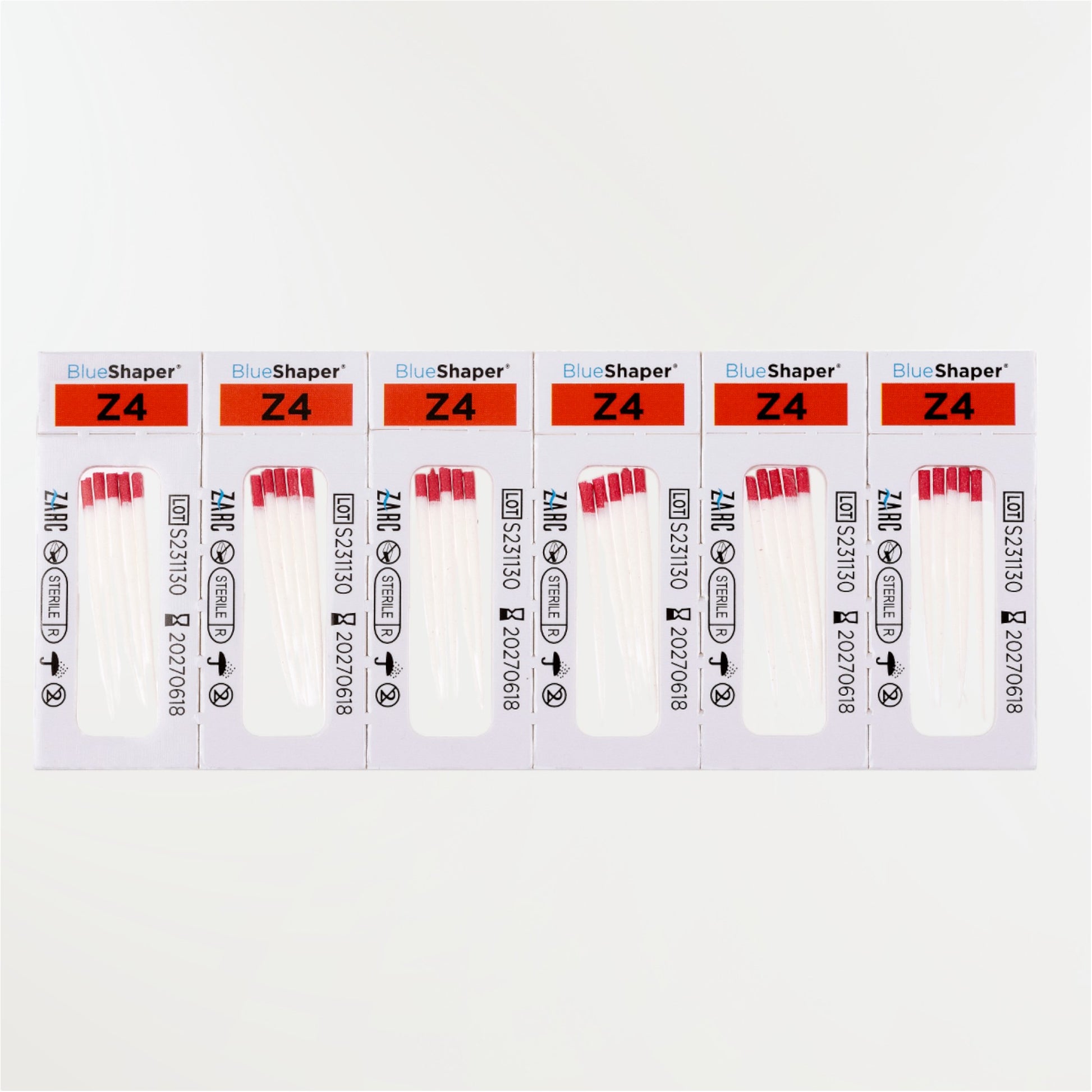 Pointes de papier stériles BlueShaper ZARC – tailles Z3 à Z7, blisters individuels de 6, boîte de 180