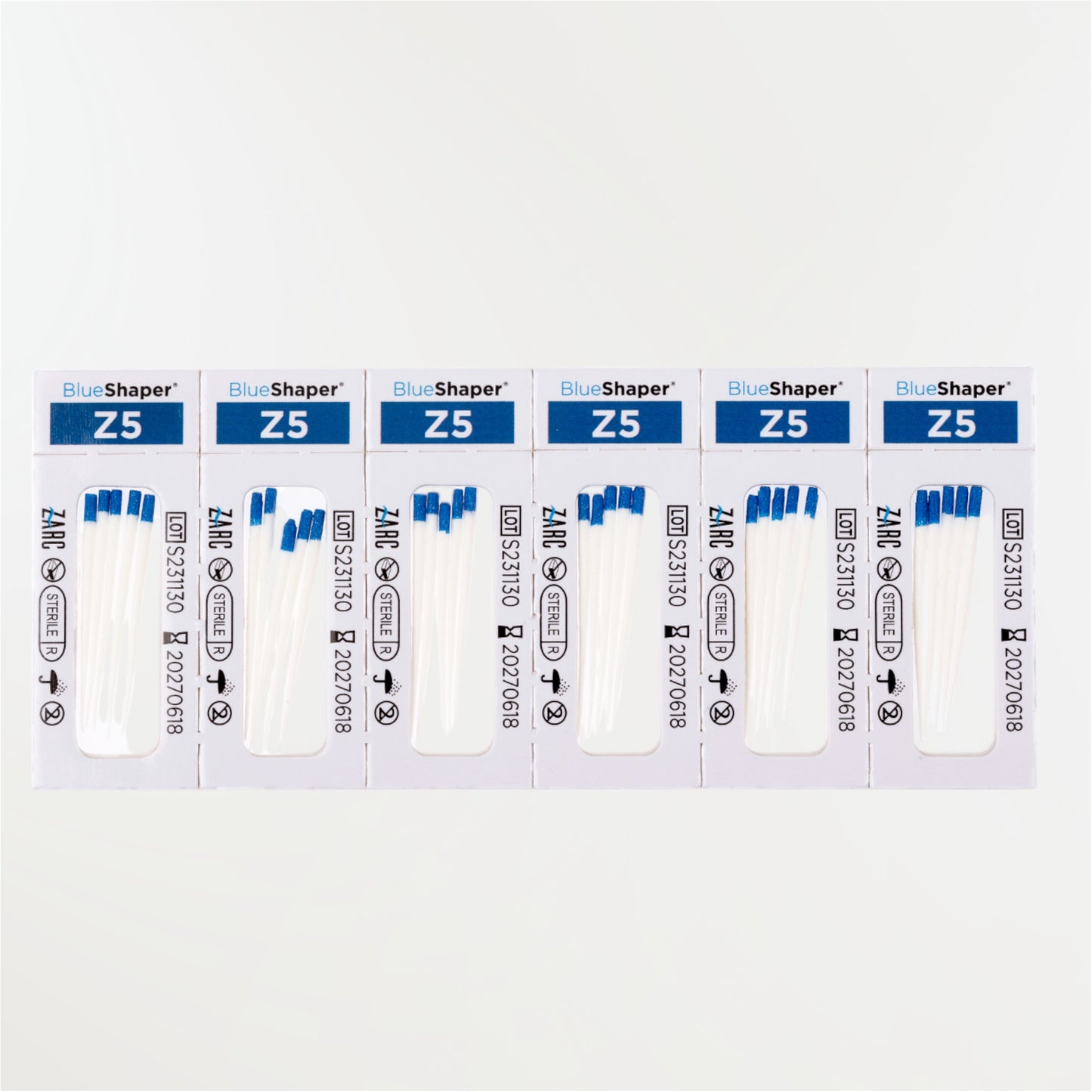 Pointes de papier stériles BlueShaper ZARC – tailles Z3 à Z7, blisters individuels de 6, boîte de 180