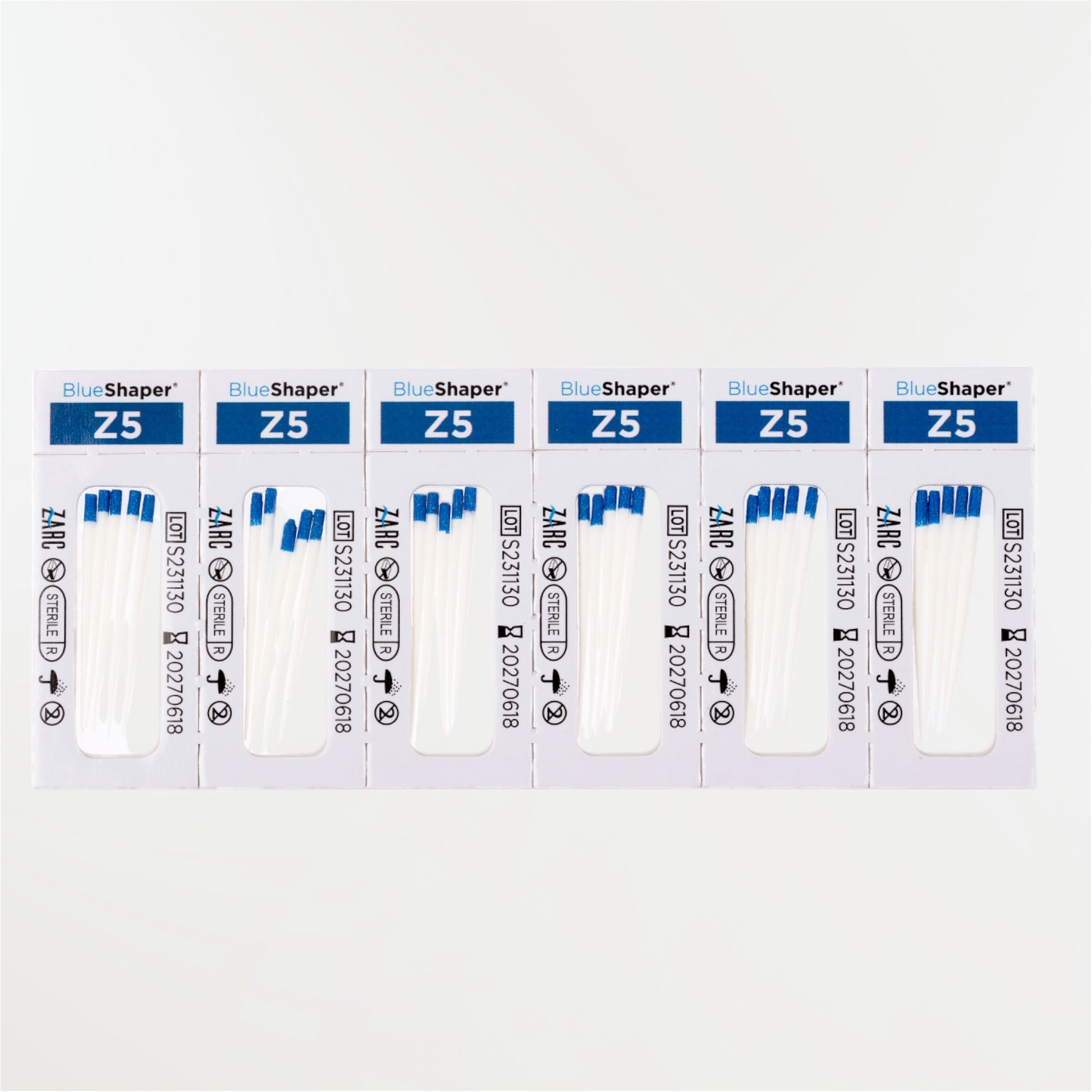 Pointes de papier stériles BlueShaper ZARC – tailles Z3 à Z7, blisters individuels de 6, boîte de 180