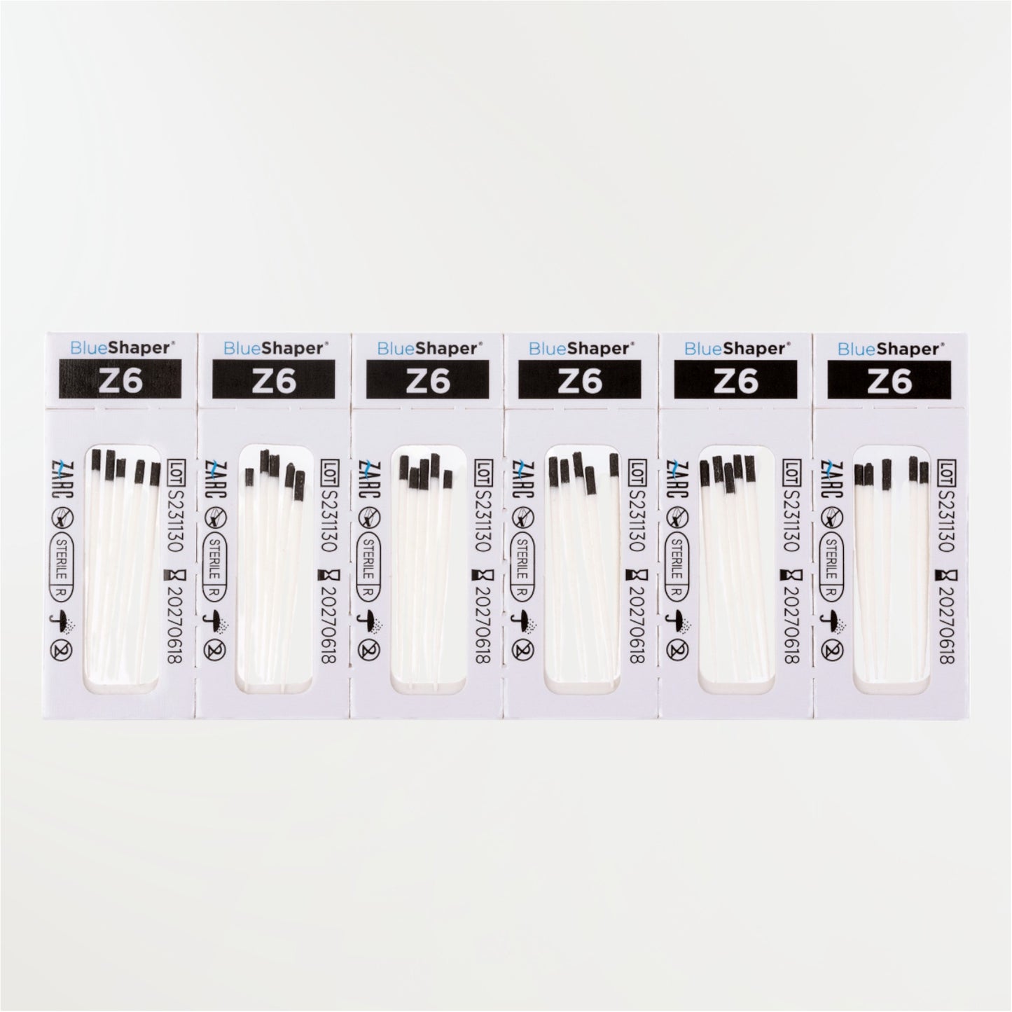 Pointes de papier stériles BlueShaper ZARC – tailles Z3 à Z7, blisters individuels de 6, boîte de 180