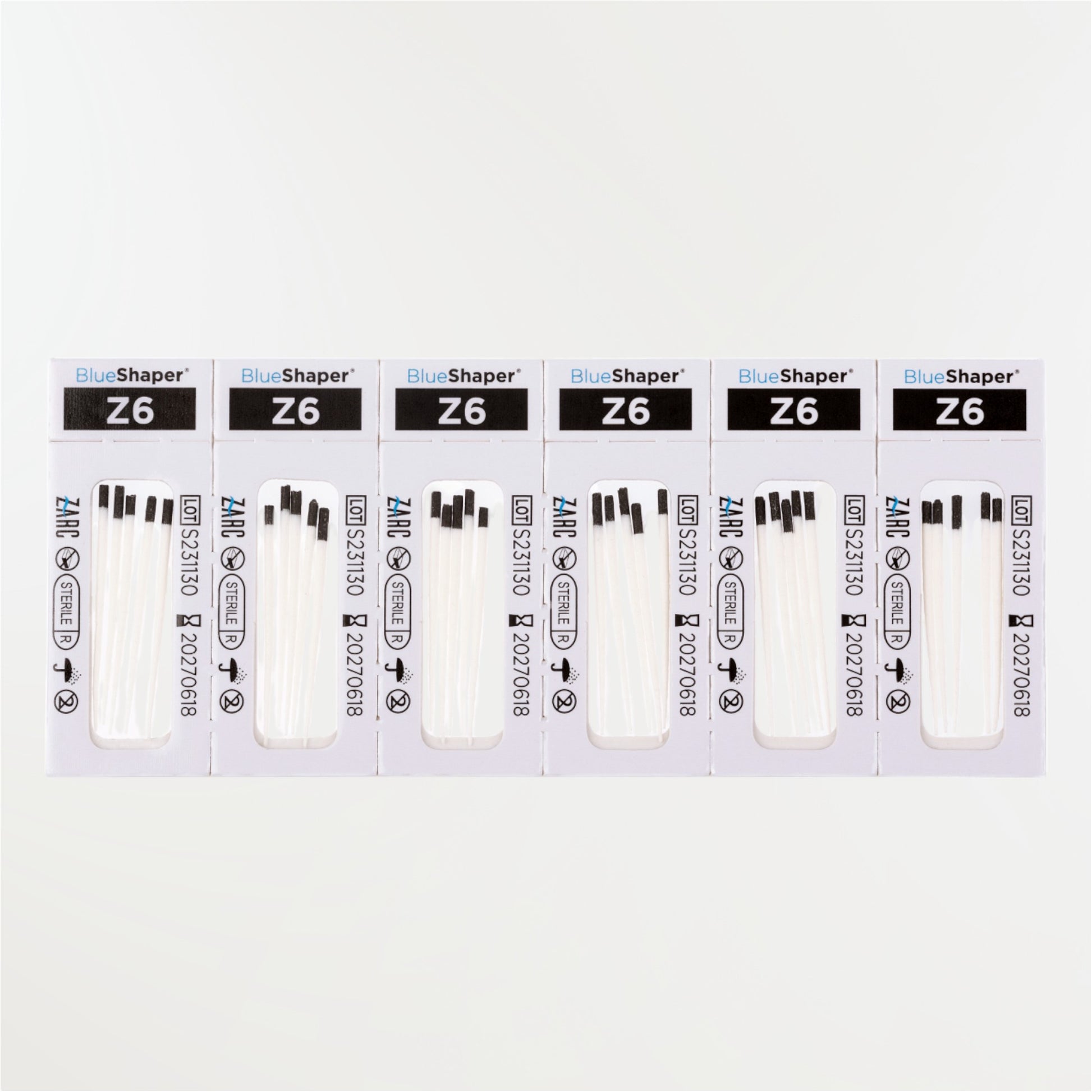 Pointes de papier stériles BlueShaper ZARC – tailles Z3 à Z7, blisters individuels de 6, boîte de 180