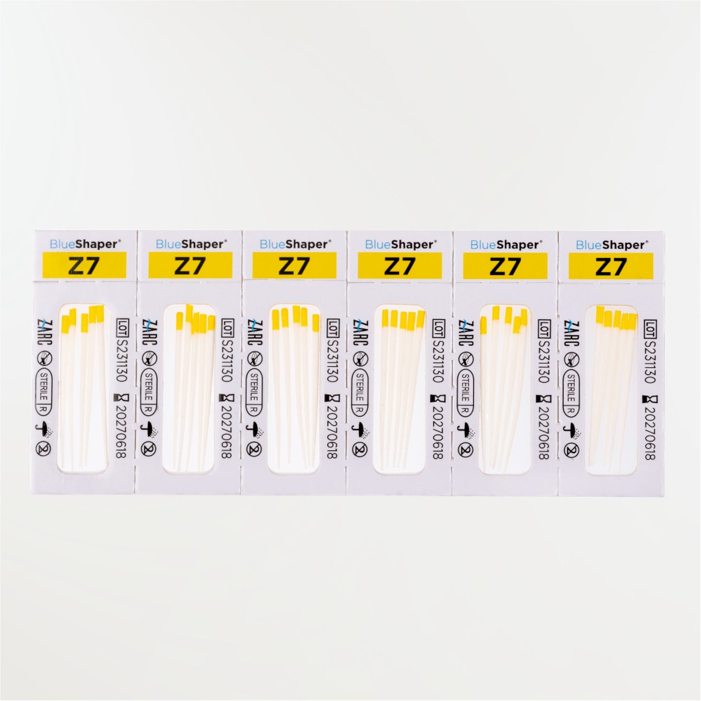 Pointes de papier stériles BlueShaper ZARC – tailles Z3 à Z7, blisters individuels de 6, boîte de 180