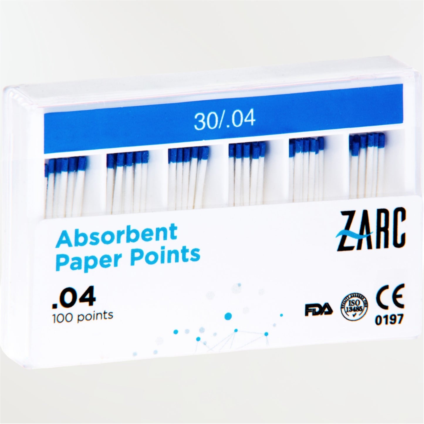 Pointes de papier standardisées ZARC non stériles – ISO 25/100 et 30/100, conicités 4% et 6%, boîte de 100