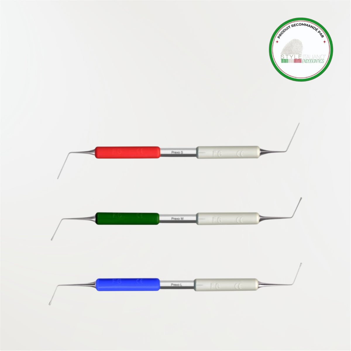 Fouloir endodontique Prexo Deppeler en acier inoxydable, disponible en tailles S, M et L pour la compaction de gutta-percha et la manipulation des biocéramiques.