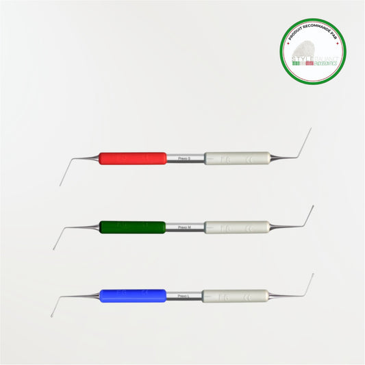 Fouloir endodontique Prexo Deppeler en acier inoxydable, disponible en tailles S, M et L pour la compaction de gutta-percha et la manipulation des biocéramiques.